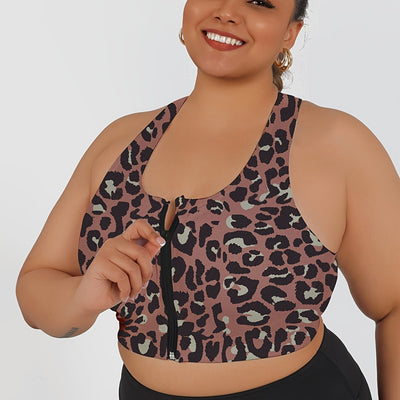 Women's High-Impact Sports Bra with Front Zipper & Removable Pads - Leopard Print Design, High-Elasticity Fabric, Round Neck for Yoga, Running, Gym - Machine Washable, Yoga Accessories, Elegant Sportswear, Durable Sportswear