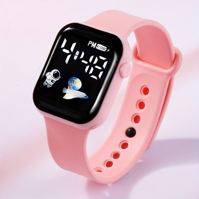 Girls' Cute Airplane Astronaut Digital with Glow-in-the-Dark Hands & Bow Tie Jewelry Set - Silicone Strap, Square Case, Non-Waterproof, Battery-Powered, Perfect For Spring Festival, Campus Events, And Casual Wear, Playful Des