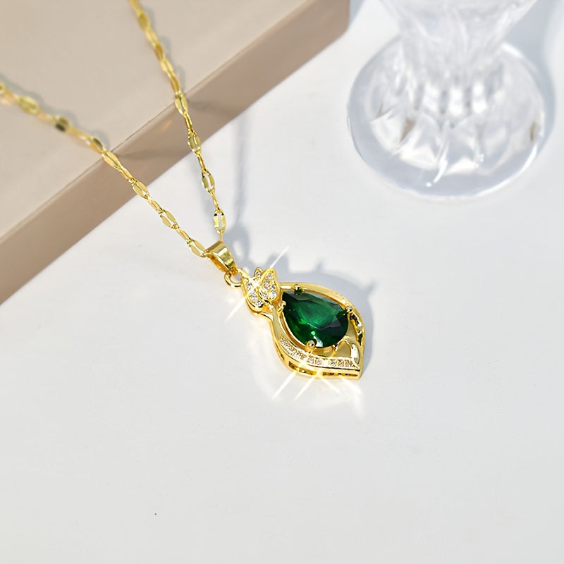 Stainless Steel Necklace with Green Water Drop Pendant - Elegant Geometric Design, Perfect for Daily Wear or Gifting, Ideal for Boys and Girls, Everyday Jewelry|Modern Minimalist|Durable Jewelry, For Teenager