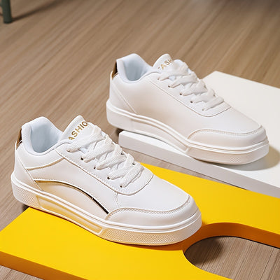 Women's All-Match White Skate Shoes, Casual Round Toe Lace Up Sneakers, Comfortable Low Top Flat Sports Shoes