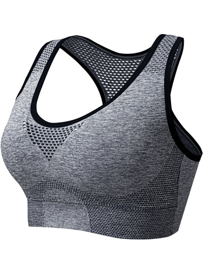 3pcs Plus Size Sports Bras, Polyamide Blend, Hollow Mesh Design, Low Support, Removable Padding, Crew Neck, Medium Stretch, Knit Fabric, with Casual Wear for Women'S Activewear