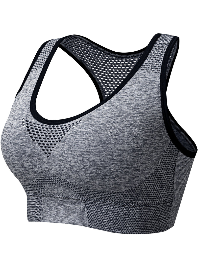 3pcs Plus Size Sports Bras, Polyamide Blend, Hollow Mesh Design, Low Support, Removable Padding, Crew Neck, Medium Stretch, Knit Fabric, with Casual Wear for Women&