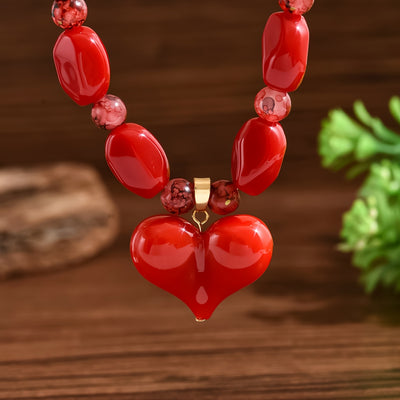 1pc Red Glass Bead Necklace with Heart Pendant - Elegant & Sexy Glossy Beads, Valentine's Day Gift for Women, Party Jewelry, Year-Round Wear, Special Occasion Jewelry, Glamorous Jewelry, Highquality Jewelry, Beaded Jewelry, R