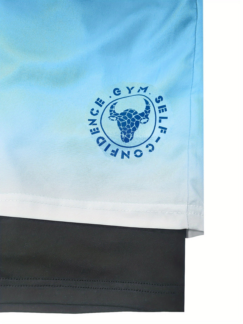 2-in-1 Double Layer Ombre Shorts - High Stretch, Drawstring Waist, Side Pocket, Breathable, Quick-Drying, Comfortable, Mens Sports Shorts for Summer Gym Workout, Training, and Fitness - GYM Pattern Print, Bull Design