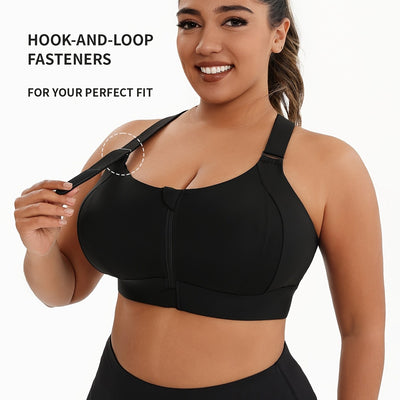 A Women'S Front-Zip Sports Bra, Featuring High Support And Plus Sizes, with Adjustable Straps, Suitable for Yoga, Fitness, And Workouts.