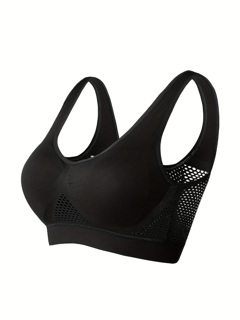 1pc, Esselegance, Sports Bra, Vest, No Rims, with Chest Pads, Mesh, Breathable, High Elasticity, Yoga, Running