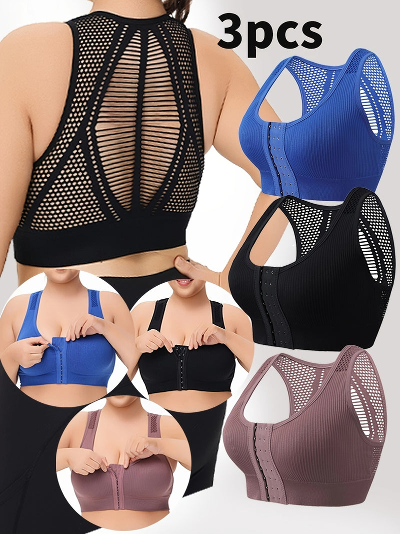 New Cross-Border Plus-Size Sports Bras with Breathable Mesh, Strong Support, Wire-Free, Seamless Design, Available in a Set of Three.