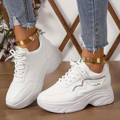 Women's White Platform Sneakers, Casual Lace Up Outdoor Shoes, Comfortable Low Top Sport Shoes