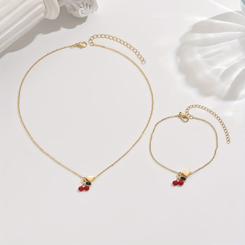 2pcs Set of Exquisite and Elegant Cute Cherry Heart Bracelet and Necklace Combo