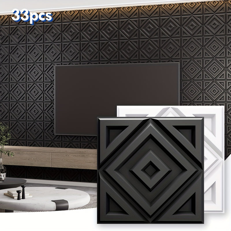 33pcs 3D Diamond Illusion Wall Panels, PVC Material, 29.97cm x 29.97cm, Black & White Geometric Design for Modern Living Room, Bedroom, Kitchen, and TV Wall Accents, Room Decor