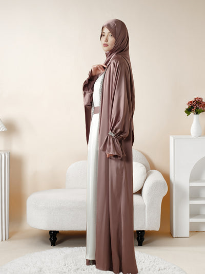 4pcs Set: Poet Sleeve Satin Abaya (MOA009) Eid al-Adha Abaya Muslim Women's Ramadan, Eid al-Fitr, Eid al-Adha, Mawlid, Prayer dress gown robe outfit long robe outfit comfortable soft breathable elegant Middle East Arabic styl