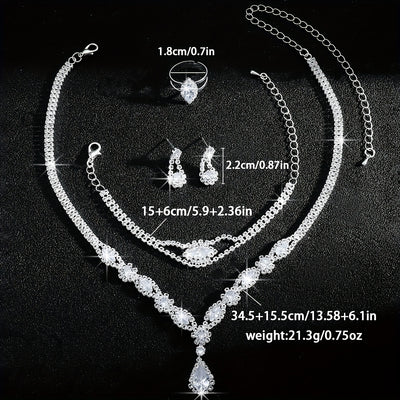 Luxurious and Exquisite High-end Sparkling Water Drop Necklace, Bracelet, Earrings and Ring Set for Bride's Wedding