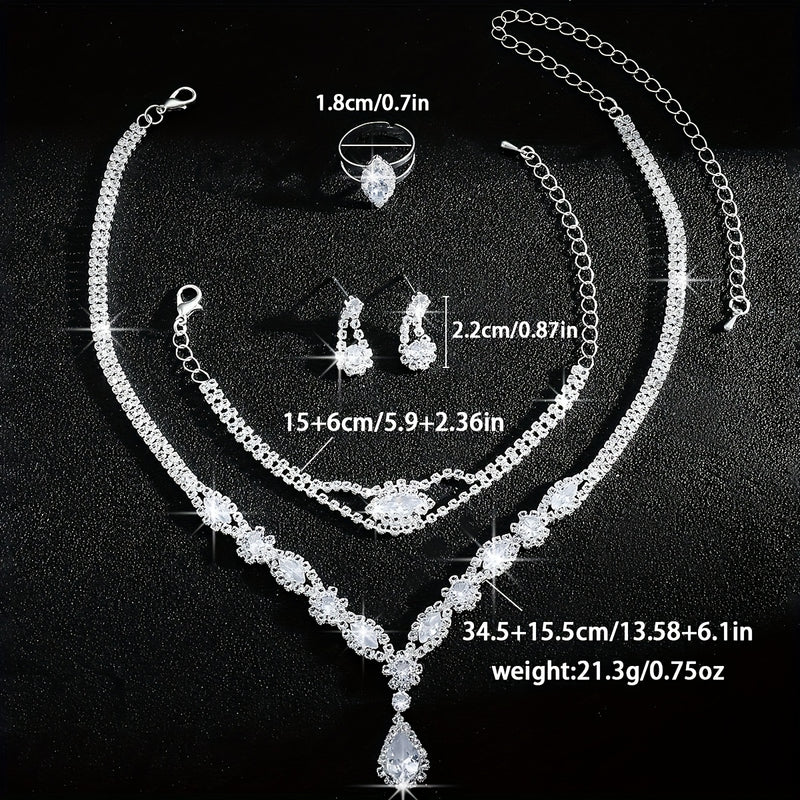Luxurious and Exquisite High-end Sparkling Water Drop Necklace, Bracelet, Earrings and Ring Set for Bride&