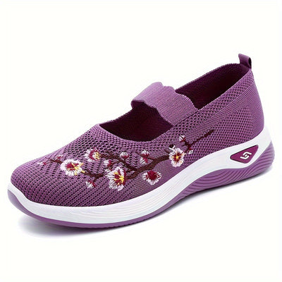 Women's Flower Pattern Sneakers, Breathable Knit Slip On Outdoor Shoes, Comfortable Low Top Shoes