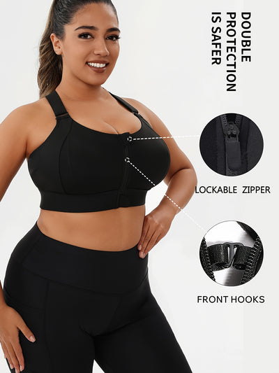 Women'S Plus Size High-Elasticity Sports Bra with Zipper - Blue, Non-Removable Padding, Adjustable Shoulder Straps, Ideal for Yoga & Pilates, Plus Size Yoga Apparel|Sleek Bralette|Comfortable Fit, Plus Size Yoga Apparel