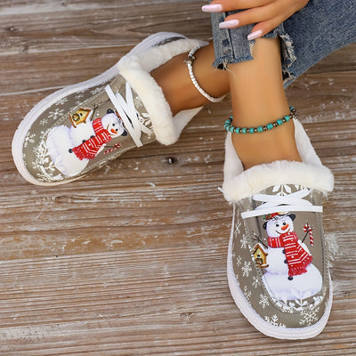 Vibrant Snowman Pattern Canvas Shoes - Lightweight, Low-Top, Plush Lined, Casual Lace-Up Sneakers for Women - Perfect for Outdoor Activities, Christmas Gift Idea, Comfortable and Breathable