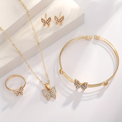 4pcs Stylish Minimalist Shiny Butterfly Pendant Necklace, Bracelet, Ring, and Earrings Set for Girls - Elegant Best Friend Jewelry Collection, for Teenager