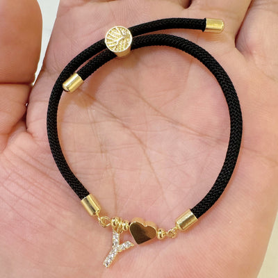18K Golden Plated Heart Charm Bracelet with Synthetic Zirconia Letter Pendants A-Z, Simple Classic Black Polyester Cord, Adjustable for Daily Wear and Gift-Giving