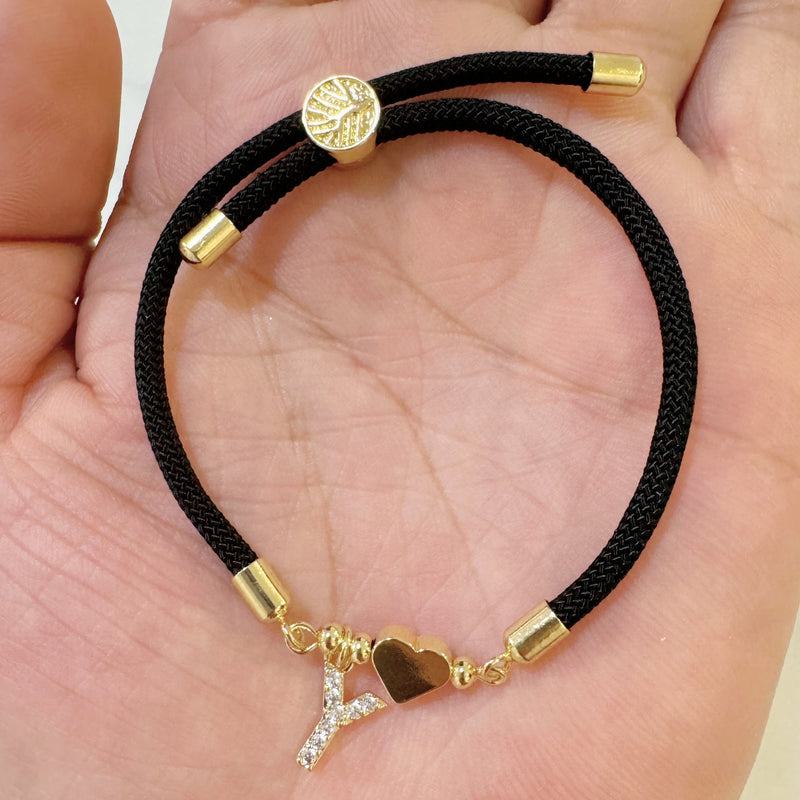 18K Golden Plated Heart Charm Bracelet with Synthetic Zirconia Letter Pendants A-Z, Simple Classic Black Polyester Cord, Adjustable for Daily Wear and Gift-Giving