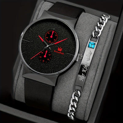2pcs/set, Fashion Men's Simple Business Quartz Watch & Bracelet Set, Ideal Choice For Gifts