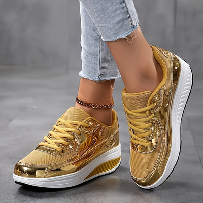 Women's Metallic Platform Sneakers, Breathable Mesh Lace Up Outdoor Shoes, Comfortable Low Top Sport Shoes
