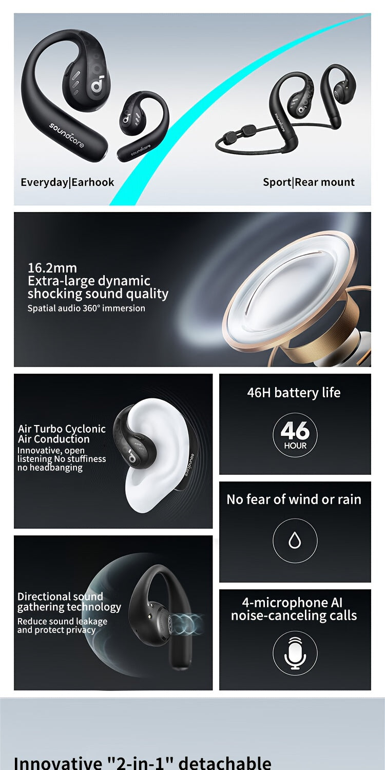 Soundcore AeroFit Pro Wireless Earbuds, Open-Ear Design for Comfortable Long-Term Wear, Strong Sound Quality, 2-in-1 Use, Built-in Microphone, 16.2mm Speakers, USB-C Charging, Ideal for Running and Outdoor Activities, Outdoor