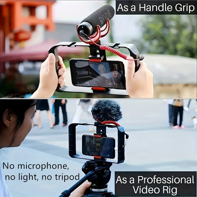 1pc Handheld Phone Stabilizer with Rotating Gimbal, Smartphone Micro Stand and Fill Light for Live Streaming/Photography Recording. Features Three Cold Shoe Mounts & Multiple 1/'10.16cm Extensions - Compatible w Apple Huawei