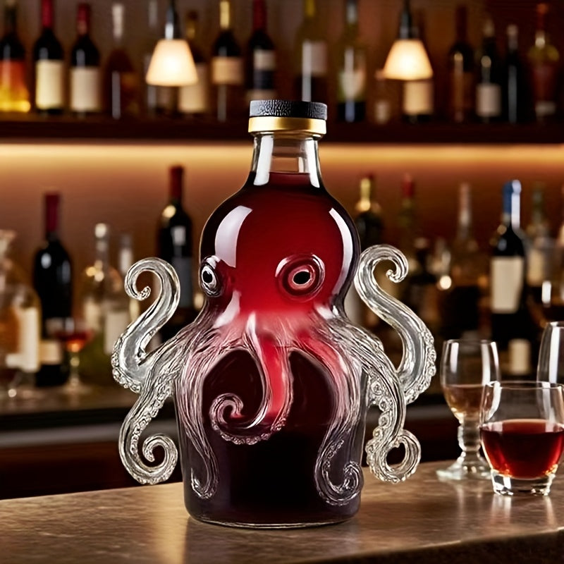 Octopus-Shaped Wine & Whiskey Decanter with Reusable Glass Cup - 300ml Elegant Squid Design with Tentacle Stopper, Clear Glass Mini Portable Bottle for Home, Parties, Halloween & Christmas Gifts - Durable Glass Construction,