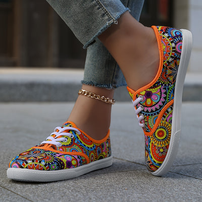 Women's Floral Print Canvas Flats, Round Toe Lace Up Outdoor Shoes, Low Top Casual Sneakers