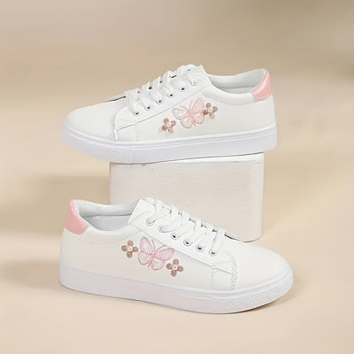 Women's Butterfly Pattern Sneakers, Casual Lace Up Outdoor Shoes, Lightweight Low Top Faux Leather Shoes