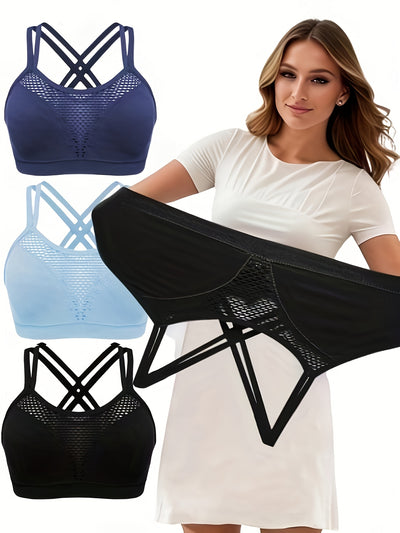 3pcs Plus Size Women's Sports Bra, Cross-Strap Mesh Cut-Out Design Running Bra with Removable Pads