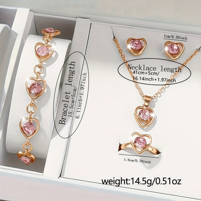 6pcs Women's Elegant & Cute Pink Smartwatch & Jewelry Set with Heart-Shaped Face, Interchangeable Strap, Necklace, Bracelet, Ring & Earrings - Digital Display Electronic Watch with Strap, Pink & Clear Bezel, Perfect for Daily