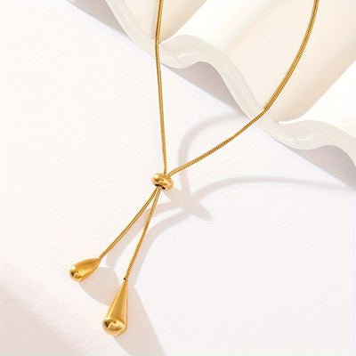 Women'S Elegant 18K Golden Plated Stainless Steel Necklace with Adjustable Chain & Water Drop Tassel - Luxury Minimalist Jewelry for Parties, Banquets, Halloween & Christmas - Year-round Versatile Necklace