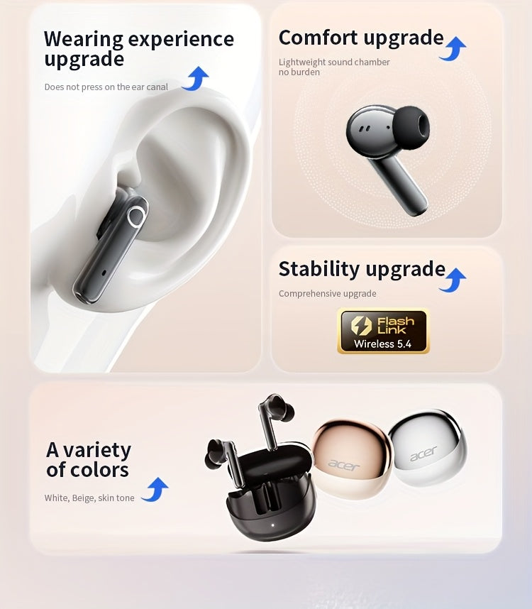 ACER HiFi High-definition Stereo Sound TWS Wireless Earbuds with Call Noise Cancellation, Long Standby Time, Dual Core 5.4 Wireless Chip, HIFI Grade Stereo Sound, Lightweight Touch Design, Fashionable Design, Comfortable for