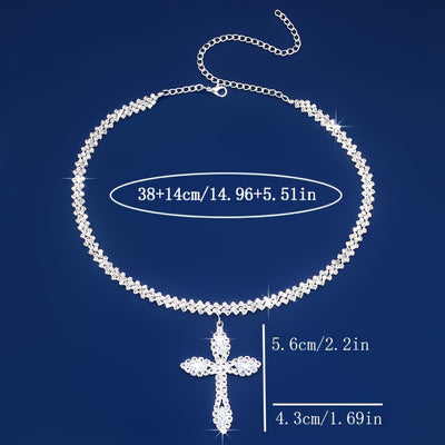 Luxury Sparkle Full Of Rhinestones Cross Pendant Necklace Silver Color Religious Neck Jewelry Gift
