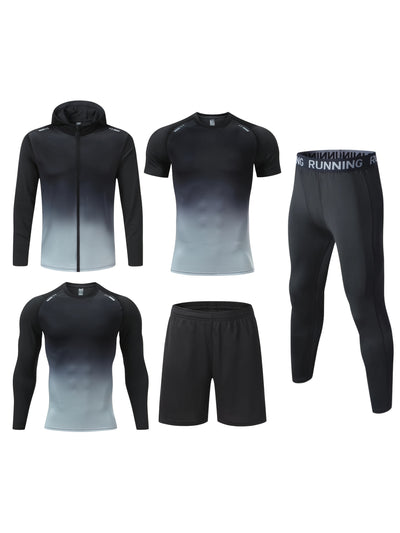 5pcs Men's Sports Set: Quick-Dry Breathable Running Jacket + Compression Long Sleeve Top, Short-Sleeved Shirt & Tight-Fitting Pants with Matching Joggers for All-Season Fitness Training and Ball Games, Jogging Suits for Men,
