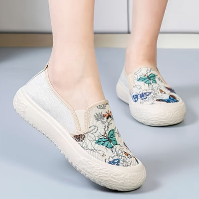 Women's Butterfly Pattern Canvas Shoes, Casual Slip On Outdoor Shoes, Lightweight Low Top Shoes