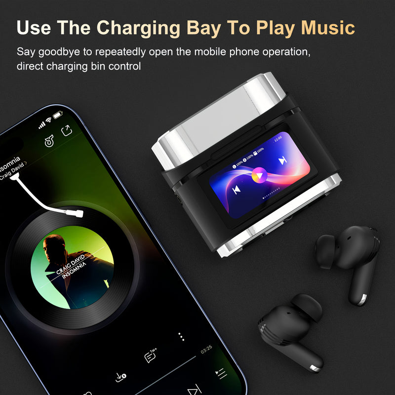 Active Noise-Canceling Headphones with Smart Digital Display Touchscreen, Wireless Earbuds Compatible with iPhone And Android, True Wireless TWS Headphones Featuring Six Microphones for Perfect Calls, Voice Control, Gaming Ti