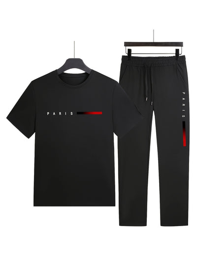 Men'S Casual Sports Two-Piece Set Short Sleeve Top Straight Leg Pants with Paris Print, Fashionable And Trendy, Ideal for Summer, Parties, Casual Outings, And Everyday Wear, Everyday Wear|Short Sleeve Top|Print Trousers