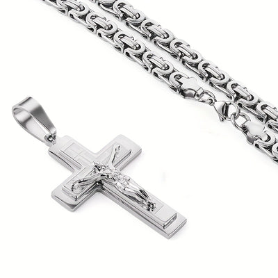Men's 304L Stainless Steel Triple Cross Pendant Necklace with U-Shaped Flat Link Chain - Golden-Tone Religious Jewelry for Casual & Formal Wear, Everyday Fashion Accessory, Stylish Accessory, Highquality Finish