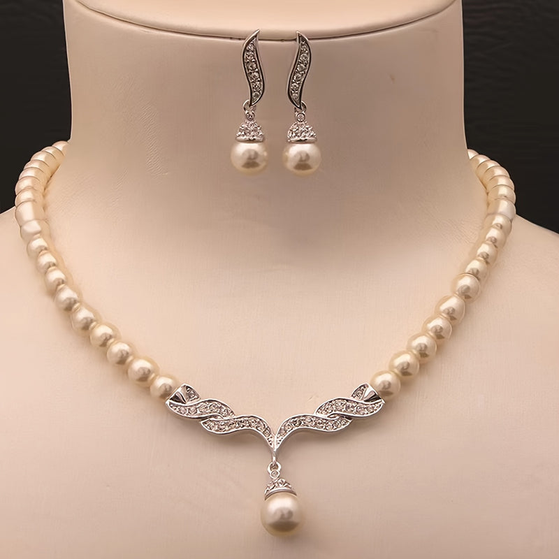 Luxury Glass Imitation Pearl Earrings and Necklace Set for Girls - Three-Piece Beige Jewelry Collection, Elegant Party Jewelry, Perfect for Girls&