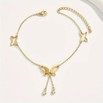 Elegant Butterfly Charm Ankle Bracelet with Crystal Dangles - Perfect for Parties And Holidays - 18Kgoldenplated, Stainless Steel, zirconia