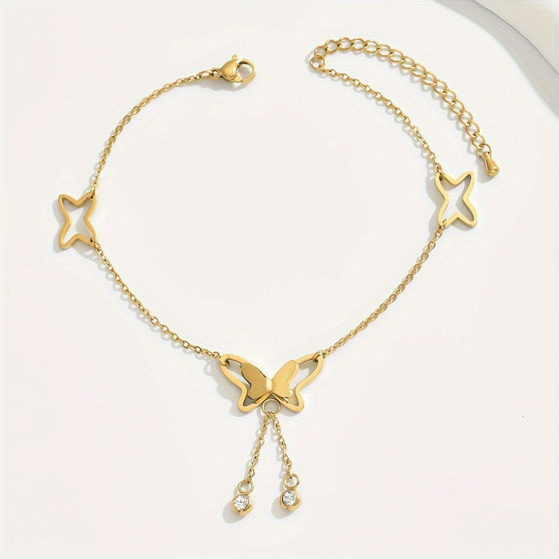 Elegant Butterfly Charm Ankle Bracelet with Crystal Dangles - Perfect for Parties And Holidays - 18Kgoldenplated, Stainless Steel, zirconia