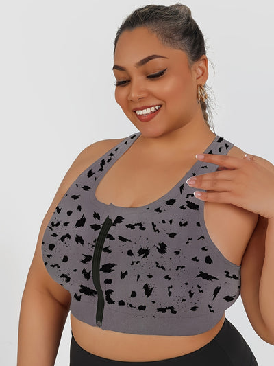 Women's High-Impact Sports Bra with Front Zipper & Removable Pads - Leopard Print Design, High-Elasticity Fabric, Round Neck for Yoga, Running, Gym - Machine Washable, Yoga Accessories, Elegant Sportswear, Durable Sportswear