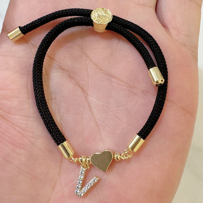 18K Golden Plated Heart Charm Bracelet with Synthetic Zirconia Letter Pendants A-Z, Simple Classic Black Polyester Cord, Adjustable for Daily Wear and Gift-Giving