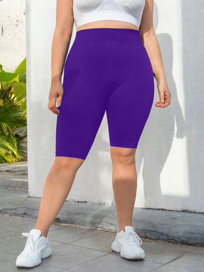 Plus Size Sports Shorts, Women's Plus Wide Waistband High Waist Seamless Running Yoga Shorts