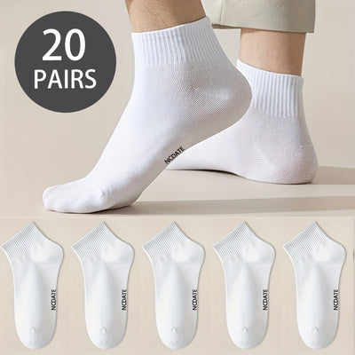20pcs Men's Breathable Low-Cut Athletic Socks - Versatile Black, White, Gray with Letter Print, Sweat Absorbent Polyester Blend, Comfort Fit for Sports, Leisure & Business Casual, US Sizes 6-11