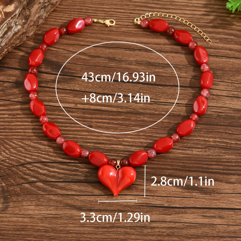 1pc Red Glass Bead Necklace with Heart Pendant - Elegant & Sexy Glossy Beads, Valentine&