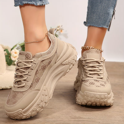 Women's Flower Pattern Platform Sneakers, Casual Lace Up Outdoor Shoes, Comfortable Low Top Shoes