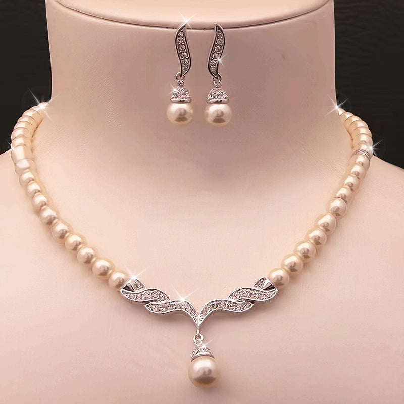 Luxury Glass Imitation Pearl Earrings and Necklace Set for Girls - Three-Piece Beige Jewelry Collection, Elegant Party Jewelry, Perfect for Girls&